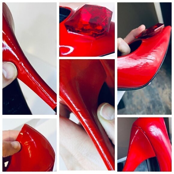 Casadei Red Patent Leather High Heel Pumps sz 36 Faux Rhinestone Gemstone Detail - Picture 10 of 17